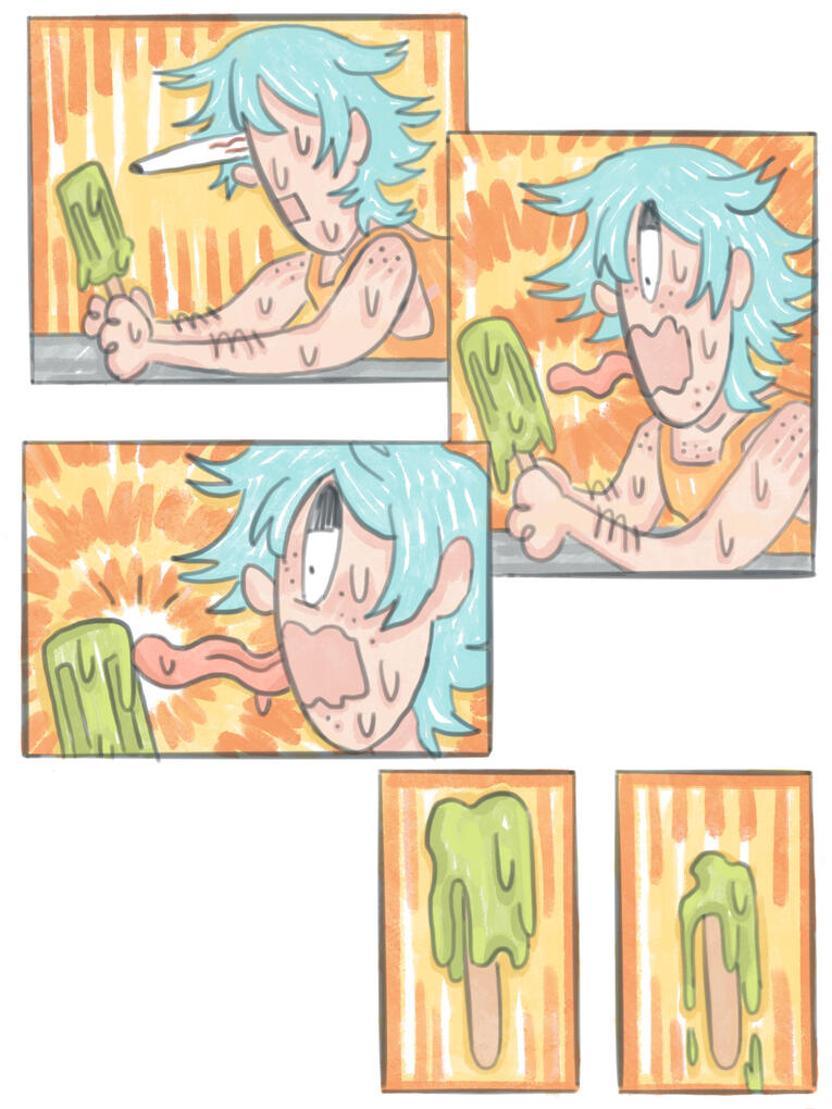 (ABOVE) “Blood and Boogers Chapter 4”, Chapter 4 of my Webtoon Blood and Boogers, featuring my character Germ struggling to eat ice cream under the heat of the sun. Dimensions: 1620 × 2160 px Illustrated and written by Maxacre.