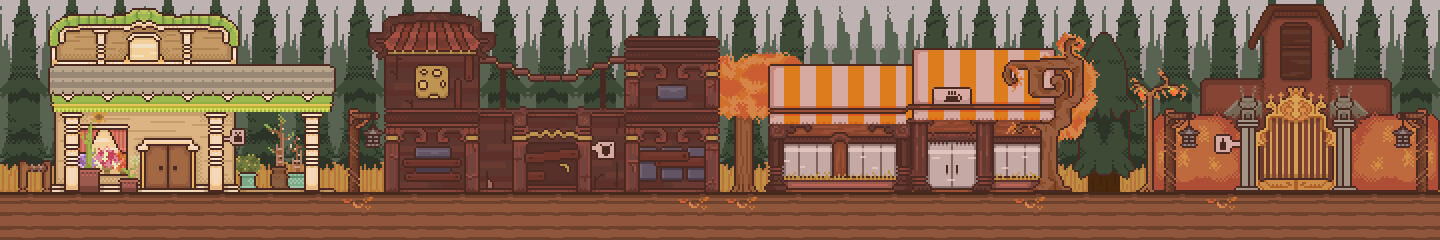“Gullet Street 2”, a tile-set of one half of the main street of Roosevelt, the fictional town where A Writer’s Muse takes place. Dimensions: 1440 × 240 px, 2 px brush, 48 × 48 px tiles. Designed in Aseprite, and implemented in RPG Maker MV.