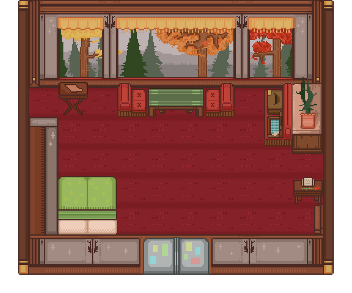“Train Car”, a tile-set of a train car from the train that the player character arrives into town on in A Writer's Muse. Dimensions: 576 × 480 px, 2 px brush, 48 × 48 px tiles. Designed in Aseprite, and implemented in RPG Maker MV.
