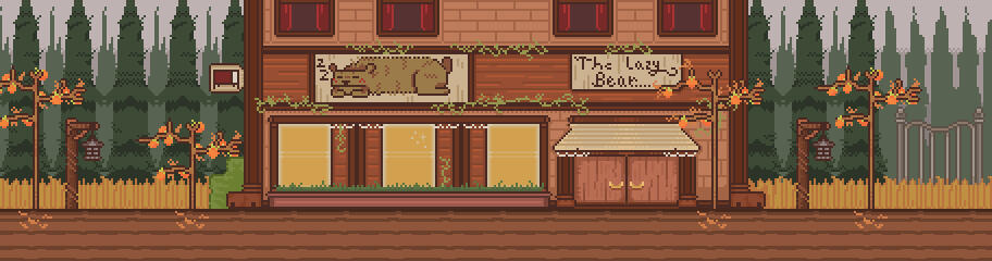 “Inn Road", a tile-set of the road to the Lazy Bear inn for the game A Writer's Muse, persimmon trees line the dirt road. Dimensions: 912 × 240 px, 2 px brush, 48 × 48 px tiles. Designed in Aseprite, and implemented in RPG Maker MV.