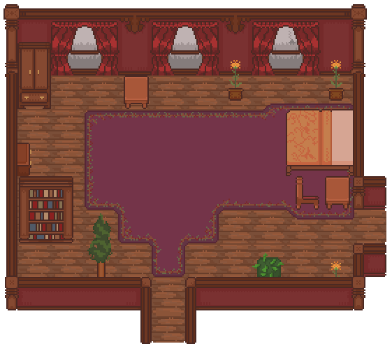 “Inn Room”, a tile-set for the room in the inn that the player character stays at. Dimensions: 672 × 528 px, 2 px brush, 48 × 48 px tiles. Designed in Aseprite, and implemented in RPG Maker MV.