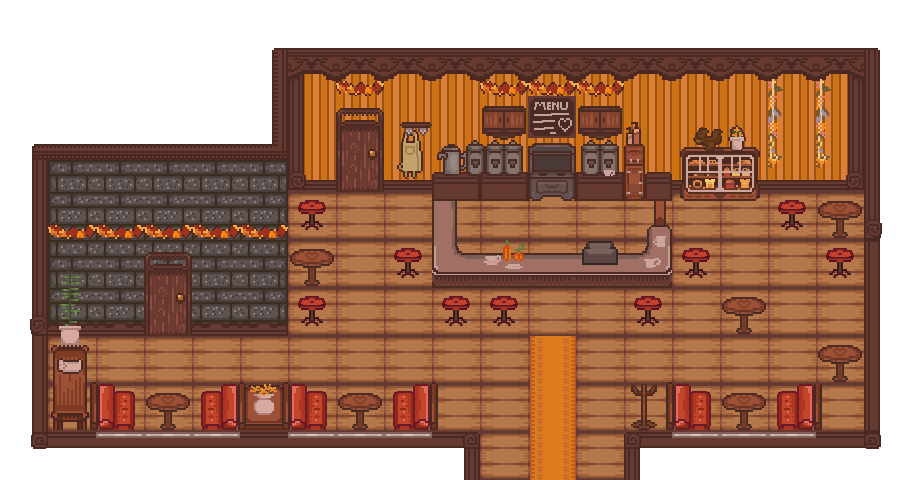 “Theo's Coffee Shop”, a tile-set of the coffee shop for the game A Writer's Muse, space is meant to feel cozy and warm. Dimensions: 912 × 480 px, 2 px brush, 48 × 48 px tiles. Designed in Aseprite, and implemented in RPG Maker MV.