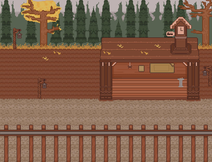 “Train Station”, a tile-set of the train station for the game A Writer's Muse. Dimensions: 816 × 624 px, 2 px brush, 48 × 48 px tiles. Designed in Aseprite, and implemented in RPG Maker MV.